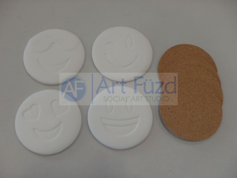 Set mit Emoji-Untersetzern, vier (4) Designs ~ 3,5 Zoll Durchmesser.