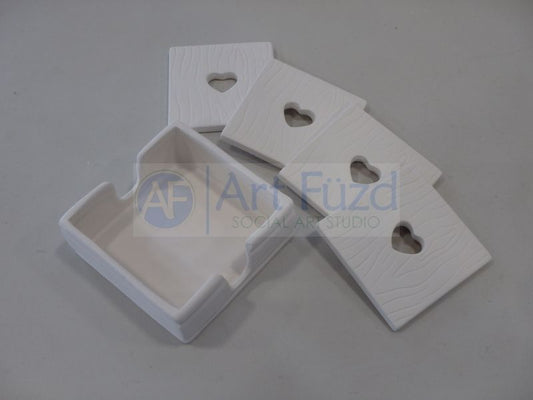 Rustic Wood-Grain Heart Coaster Holder and Set of 4 Coasters ~ 3.75 x 3.75