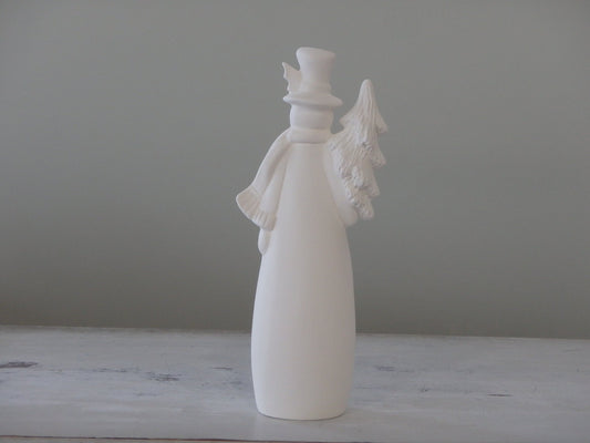 Medium Snowman holding Christmas Tree with Village Cut-Outs on Body ~ 3.75 x 2.25 x 9