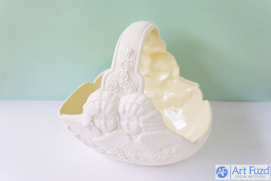 Large Rose Handle Basket with Two Cherub Face Angels on Both Sides ~ 9.25 x 7 x 8