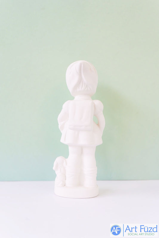 Mittleres Schulmädchen mit Büchern, das mit Hund spazieren geht ~ 2,5 x 7,5