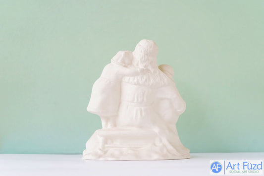 *Mittlere Vintage-Weihnachtsmannfigur mit sitzendem Jungen und stehendem Mädchen ~ 7 x 4,25 x 7,25