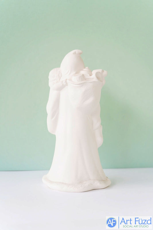 *Mittelgroße Vintage-Figur „Weihnachtsmann mit jungem Mädchen und Sack Äpfel“ ~ 4,75 x 3,75 x 8,75