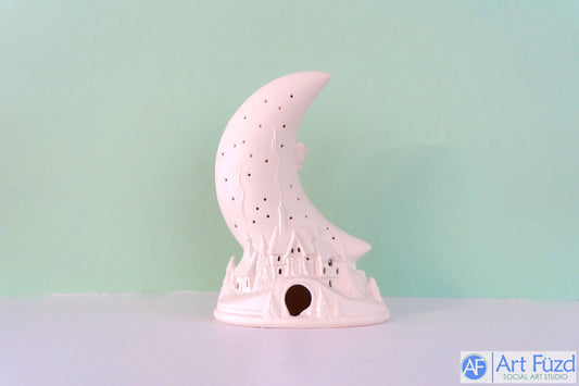 Large Crescent Moon with Santa Flying Over Village ~ 6.5 x 4 x 9