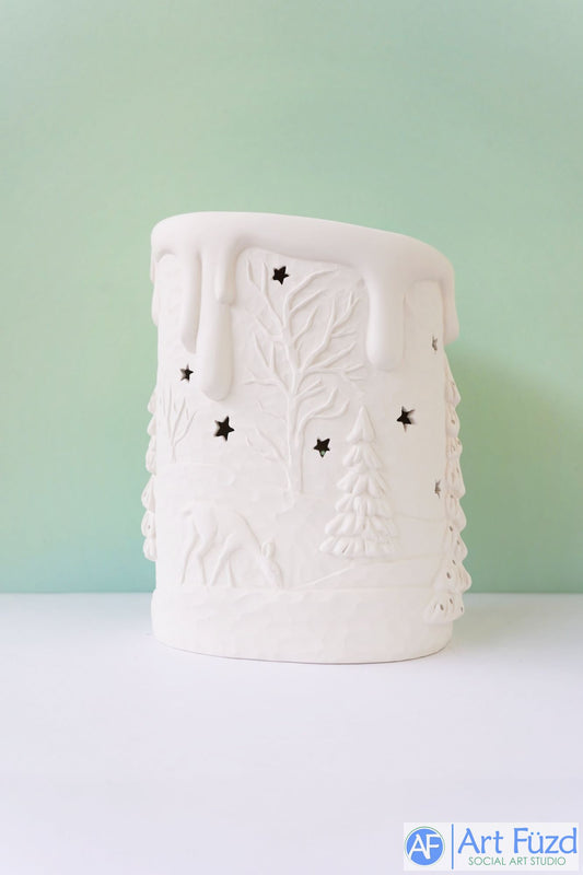 Medium Tall Candle-Look Votive with Church and Doe Motifs ~ 7.5 x 5.5 x 10