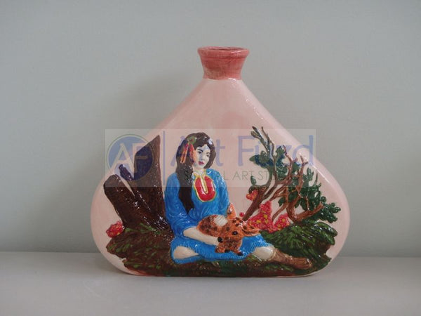 Large Triangular Vase with Girl and Deer in the Woods ~ 10.75 x 3.5 x 9