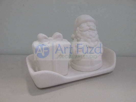 Santa and Present Salt and Pepper Shaker Set with Tray (3 Pieces), includes Stoppers ~ 6 x 3 x 1.5