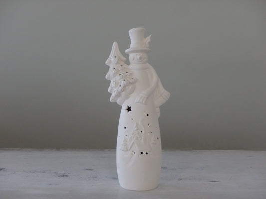 Medium Snowman holding Christmas Tree with Village Cut-Outs on Body ~ 3.75 x 2.25 x 9