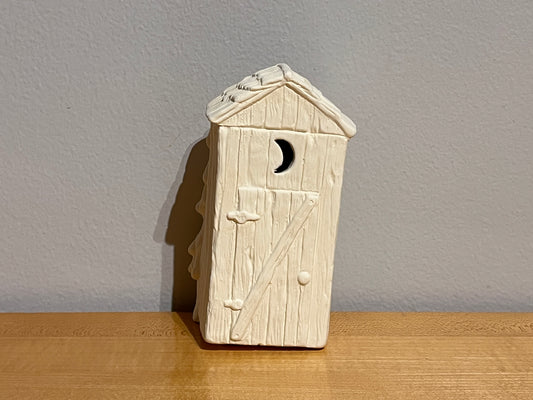 xxx-Rustic Lopsided Outhouse with Moon Cut-Out ~ 3 x 2.5 x 5