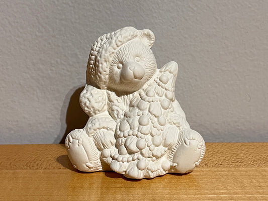 Small Sitting Christmas Teddy Bear in Crocheted Hat Holding Christmas Tree ~ 2.5 x 2 x 2.5