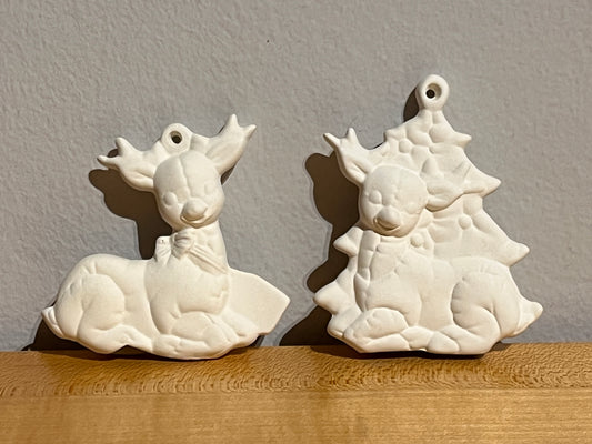 Softee Sitting Reindeer Holiday Ornament with Hole (two styles) ~ 2.75 x 0.75 x 2.75
