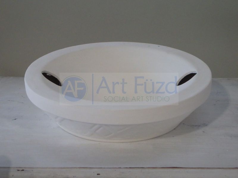 Large Round Base with Diagonal Detailing around Rim ~ 10.75 in. dia. x 2.5 in. high