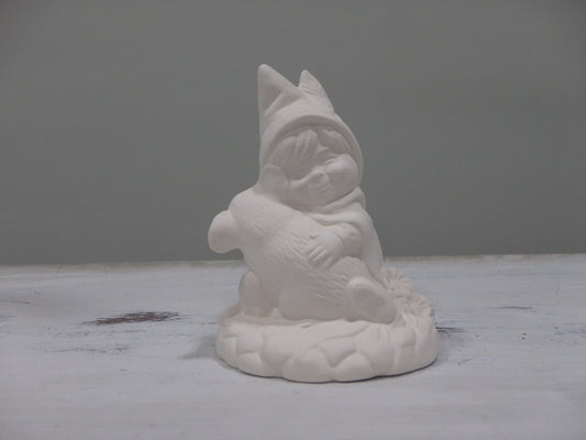 Small Child Gnome holding Mouse while Sitting on Rocks ~ 3 x 2.75 x 3.5