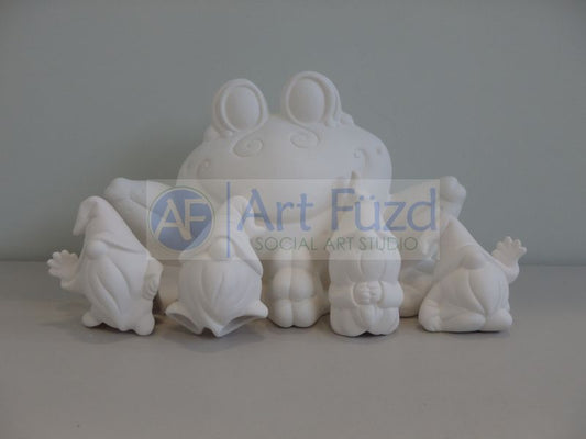 Large Polly Wog Frog Figurine with Set of 4 Mini Gnome Pals ~ 12 x 7.75 x 10