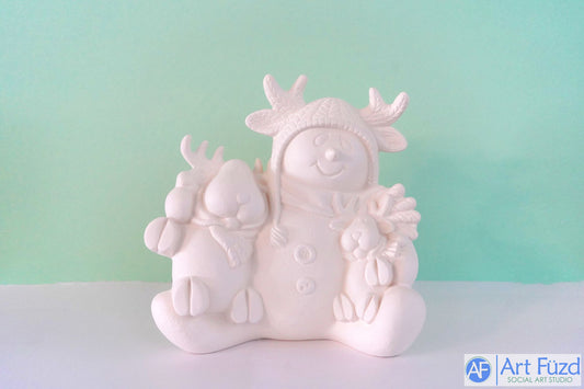 Large Sitting Snowman in Crocheted Antler Hat holding Two Baby Reindeers ~ 9.75 x 6 x 9.5