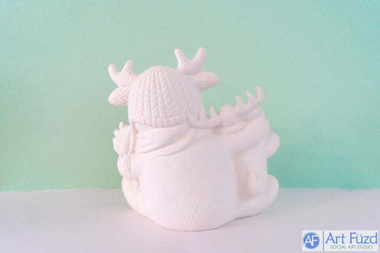 Large Sitting Snowman in Crocheted Antler Hat holding Two Baby Reindeers ~ 9.75 x 6 x 9.5