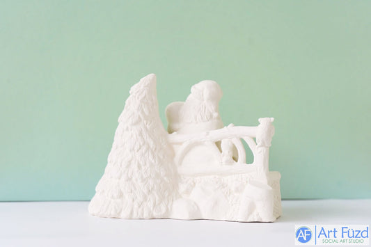 Medium Santa and Snowbaby Sitting on Bench with Tree ~ 8.75 x 5.5 x 6