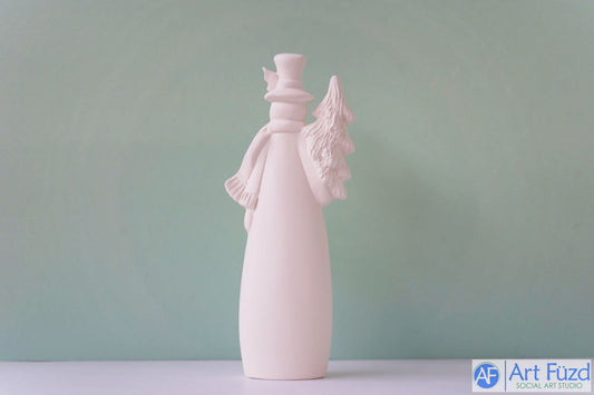 Medium Snowman Holding Christmas Tree with Village on Bottom ~ 3.75 x 2 x 9