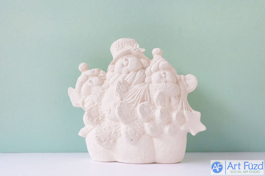 Three Snowman People Huddled Together holding Tree Sideways with Large Star on Right Side Snowman ~ 8.25 x 3.5 x 7.25