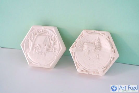 Two Sided Round Ornament (No Hook) with Aztec Edge - House with Horse, Skiing with Trees ~ 3.5 x 3.25