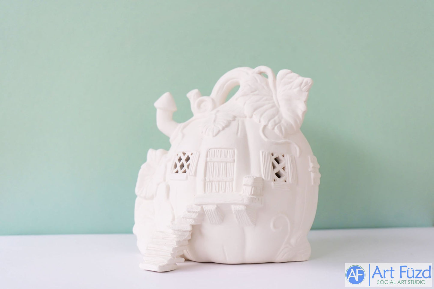 Large Leaf Top Pumpkin Fairy House with Stairs and Window Cut-Outs ~ 7.5 x 7.25 x 7.5