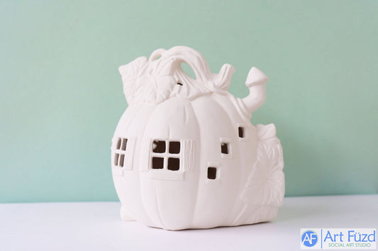 Large Leaf Top Pumpkin Fairy House with Stairs and Window Cut-Outs ~ 7.5 x 7.25 x 7.5