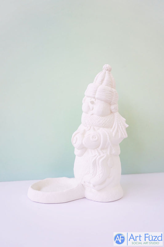 Large Cute Snowman holding Pair of Ice Skates ~ 8 x 4.25 x 10