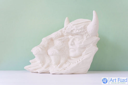 Large Wood Carving with Native American Man and Two Bison ~ 10.5 x 5 x 8