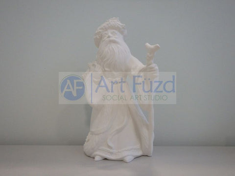 Medium Vintage Santa in Flowing Coat with Big Sleeves and Large Walking Stick in His Left Hand and Large Sack of Toys over His Right Shoulder