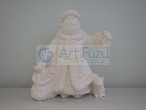 Medium Vintage Santa with Cat and Holding Birdhouse on His Left Side and Sack of Toys on His Right Side