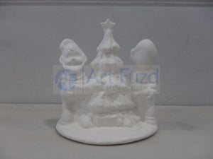 Small Two Elves Decorating Christmas Tree on Round Platform