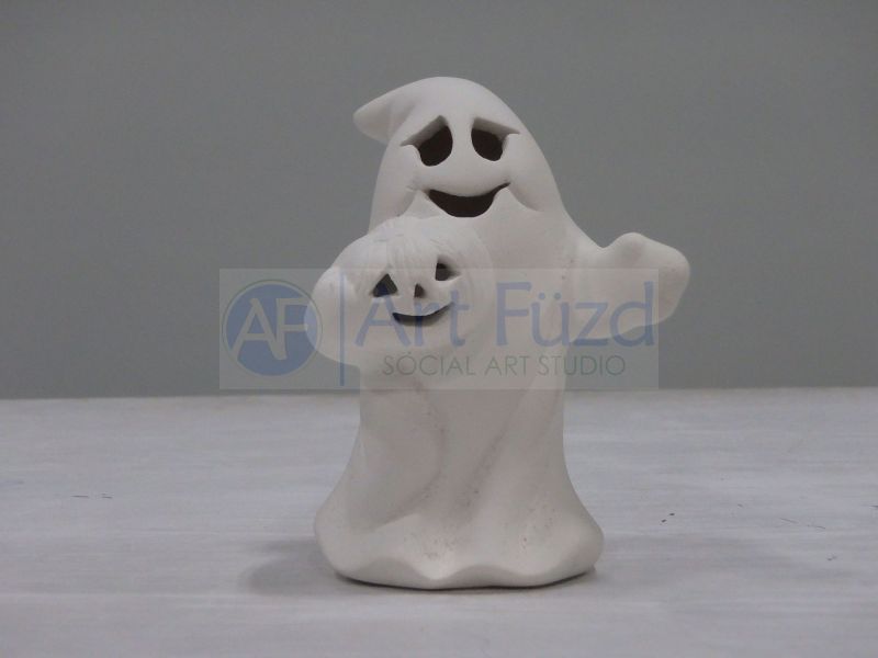 Small Ghost Holding Jack-O-Lantern in Right Hand