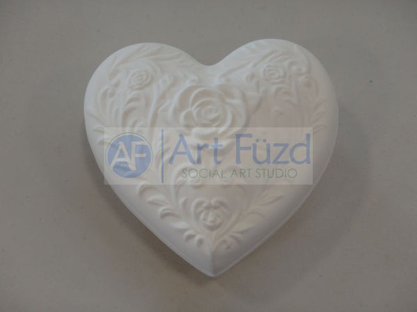 Large Ornate Footed Heart Box with Rose Design ~ 5.5 x 5 x 3