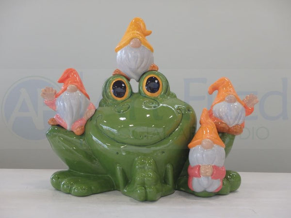 Large Polly Wog Frog Figurine with Set of 4 Mini Gnome Pals ~ 12 x 7.75 x 10